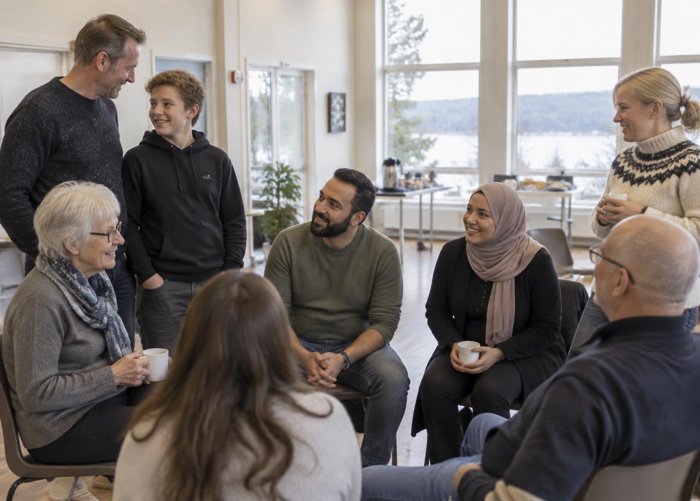 Människor i olika åldrar sitter i en ring och samtalar under en träff i en föreningslokal