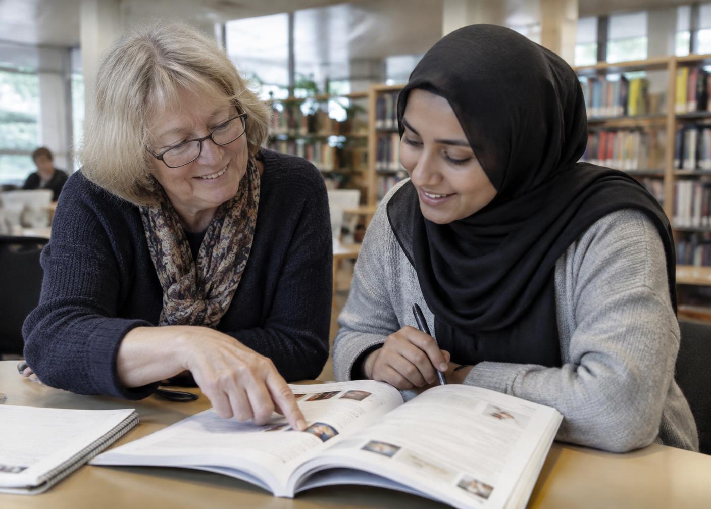 Två kvinnor med olika bakgrund övar språk tillsammans över en uppslagen bok på ett bibliotek