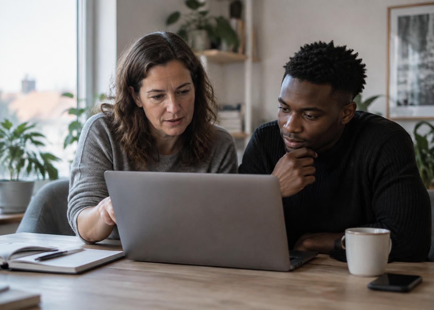 En vägledare sitter bredvid en ung man och går igenom ett CV på en laptop